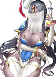 Rule 34 | 1girl, arm wrap, armlet, armor, black hair, blush, bracelet, breasts, bridal gauntlets, caster of the nocturnal castle, circlet, cleavage, commentary request, covered navel, curvy, dark-skinned female, dark skin, detached collar, facepaint, fate/grand order, fate (series), feathers, forehead jewel, green eyes, hat, highres, hitotsuki nebura, huge breasts, jewelry, legband, long hair, looking at viewer, mouth veil, parted bangs, revealing clothes, ring, scheherazade (fate), scroll, shiny skin, shoulder armor, simple background, sitting, solo, staff, thighs, veil, white background, wide hips