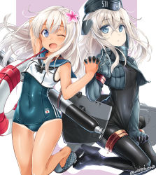 Rule 34 | 10s, 2girls, ;d, blonde hair, blue eyes, bodysuit, covered navel, dual persona, flower, hair flower, hair ornament, hat, holding hands, innertube, interlocked fingers, jacket, juliet sleeves, kantai collection, long sleeves, military, military uniform, multiple girls, neckerchief, no pants, no socks, okitakung, one-piece swimsuit, one eye closed, open clothes, open jacket, open mouth, outside border, puffy sleeves, ro-500 (kancolle), school swimsuit, school uniform, serafuku, shiny clothes, shirt, sleeveless, sleeveless shirt, slippers, smile, swim ring, swimsuit, swimsuit under clothes, tan, tanline, tareme, torpedo, u-511 (kancolle), uniform