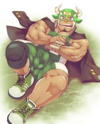 Rule 34 | 1boy, animal ears, bara, black hair, bulge, covered abs, cow ears, cow horns, dark-skinned male, dark skin, erection, erection under clothes, facial hair, fake animal ears, full body, goatee, green eyes, grin, horns, ikusaba daisuke, jacket, jacket on shoulders, knee pads, lying, male focus, muscular, muscular male, on back, pectoral cleavage, pectoral press, pectorals, sidepec, smile, solo, sweat, taurus mask, thick thighs, thighs, tokyo houkago summoners, wrestling mask, wrestling outfit, yunosuke