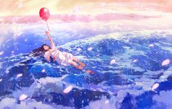 Rule 34 | 1girl, absurdres, balloon, bare arms, bare legs, barefoot, black hair, closed mouth, commentary request, day, dress, gemi, highres, holding, holding balloon, in water, long hair, looking away, lying, ocean, on back, outdoors, partially submerged, shore, short sleeves, solo, waves, white dress