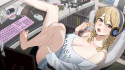Rule 34 | 1girl, absurdres, bare legs, blonde hair, blurry, blurry foreground, blush, bookshelf, braid, breasts, brown eyes, can, chair, chips (food), cleavage, commentary request, desk, eating, english text, artistic error, feet, food, foot out of frame, foot up, hair between eyes, hand up, headphones, highres, huge breasts, indoors, jiki (gkdlfnzo1245), keyboard (computer), korean commentary, large breasts, leaning back, leg up, legs, looking at viewer, mask, medium hair, microphone, monitor, mouse (computer), mouth mask, no pants, off shoulder, open mouth, original, oversized clothes, oversized shirt, potato chips, shirt, sidelocks, solo, surgical mask, swept bangs, teeth, thighs, toes, twin braids