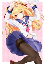 Rule 34 | 1girl, angel beats!, arms up, black pantyhose, blonde hair, blue sailor collar, blue skirt, blunt bangs, breasts, closed mouth, commentary, artistic error, expressionless, fewer digits, floating clothes, frown, hair between eyes, hair ribbon, head tilt, highres, holding, holding paper, holding scissors, knees together feet apart, light blush, long hair, long sleeves, looking at viewer, medium breasts, miniskirt, navel, neckerchief, orange eyes, panties, panties under pantyhose, pantyhose, paper, pink neckerchief, pleated skirt, red ribbon, ribbon, sailor collar, scissors, shinda sekai sensen uniform, shirt, sidelocks, skirt, solo, thighband pantyhose, thighs, two side up, underwear, white shirt, yusa (angel beats!), zenoo