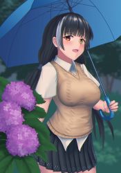 Rule 34 | 1girl, bakkasu150, black hair, blunt bangs, blurry, blurry background, blush, breasts, cardigan vest, depth of field, flower, forest, girls&#039; frontline, heterochromia, highres, holding, holding umbrella, hydrangea, large breasts, long hair, looking at viewer, multicolored hair, nail polish, nature, open mouth, orange eyes, outdoors, purple flower, ro635 (girls&#039; frontline), shirt, short sleeves, skirt, smile, solo, standing, streaked hair, tree, twintails, umbrella, white hair, yellow eyes