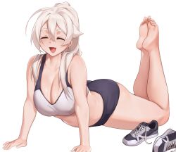 Rule 34 | 1girl, ahoge, bare shoulders, barefoot, black shorts, blush, breasts, cleavage, closed eyes, feet, feet up, highres, iwbitu, large breasts, legs, long hair, navel, nyopu, open mouth, original, ponytail, shoes, short shorts, shorts, sidelocks, smile, sneakers, soles, solo, sports bra, stretching, thick thighs, thighs, toes, unworn shoes, white hair, white sports bra