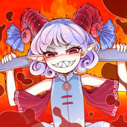 Rule 34 | 1girl, bare arms, bare shoulders, blue bow, blue dress, bow, curled horns, curly hair, dress, earrings, grin, hands up, horizontal pupils, horn bow, horn ornament, horns, jewelry, looking at viewer, medium hair, pointy ears, purple hair, red background, red eyes, sharp teeth, sleeveless, sleeveless dress, smile, solo, teeth, touhou, toutetsu yuuma, upper body, weapon behind back, yassy