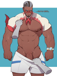 Rule 34 | 1boy, abs, bara, bare pectorals, beard, black hair, blush, buzz cut, clothes lift, creatures (company), dark-skinned male, dark skin, disembodied limb, ear blush, english text, facial hair, feet out of frame, game freak, grey hair, highres, large pectorals, male focus, mardock (pokemon), mature male, multicolored hair, muscular, muscular male, muto20002, navel, nintendo, nipples, no male underwear, nose blush, pectorals, penis, penis peek, pokemon, pokemon (anime), pokemon horizons, pokemon horizons, shirt, shirt lift, short hair, short sleeves, sideburns, solo, standing, stomach, thick eyebrows, thick thighs, thighs, two-tone hair, undressing another, veins, veiny penis, very short hair, watch, white shirt, wristwatch