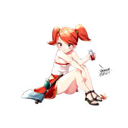 Rule 34 | 1girl, axe, bare legs, bare shoulders, blush, breasts, brown eyes, chinese commentary, closed mouth, commentary request, dated, dress, ejami, explorer beginner (maplestory), eyes visible through hair, leaf, looking at another, maple leaf, maplestory, nexon, orange hair, red skirt, sandals, short hair, signature, simple background, skirt, sleeveless, smile, snail, solo, strapless, tube top, twintails, white background