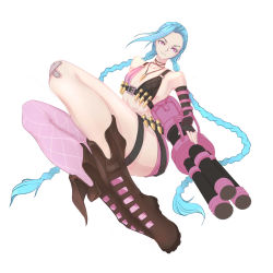 Rule 34 | 1girl, belt, blue hair, boots, braid, gloves, highres, jinx (league of legends), league of legends, long hair, pink eyes, shorts, single thighhigh, smile, thighhighs, twin braids, weapon