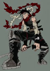 Rule 34 | 10s, 1boy, stain (boku no hero academia), arai hiroki, black hair, boku no hero academia, boots, full body, grey background, highres, knife, male focus, scarf, simple background, sleeveless, slouching, solo, sword, weapon