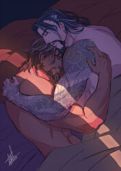 Rule 34 | 2boys, afterglow, axel (studioaxel), bara, beard, brown hair, cassidy (overwatch), couple, crack of light, cuddling, dark-skinned male, dark skin, facial hair, from above, hanzo (overwatch), heads together, highres, hug, lying, male focus, mature male, multiple boys, muscular, muscular male, mustache, mutual hug, nude, on bed, on side, overwatch, short hair, sleeping, thick eyebrows, under covers, upper body, yaoi