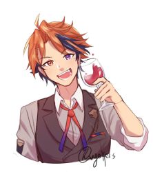 Rule 34 | 1boy, alcohol, artist name, collared shirt, commentary, cup, drinking glass, english commentary, fangs, grey shirt, grey vest, head tilt, highres, holding, holding cup, holostars, male focus, mole, mole under eye, multicolored hair, open mouth, orange hair, purple hair, shirt, smile, solo, streaked hair, upper body, vest, virtual youtuber, vyolfers, white background, wine, wine glass, yukoku roberu