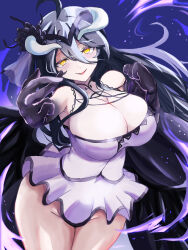 Rule 34 | 1girl, ahoge, albedo (overlord), bare shoulders, black gloves, breasts, bridal veil, cleavage, cowboy shot, dress, gloves, hair between eyes, highres, horns, komena (shinyday312), large breasts, long hair, no panties, overlord (maruyama), parted lips, see-through, see-through cleavage, short dress, solo, veil, white dress, white horns, yellow eyes
