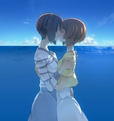 Rule 34 | 10s, 2girls, asymmetrical docking, blue sky, breast press, brown hair, casual, closed eyes, cloud, cosmic (crownclowncosmic), day, girls und panzer, hand on another&#039;s chest, horizon, hug, incest, kiss, multiple girls, nishizumi maho, nishizumi miho, ocean, outdoors, shirt, short hair, siblings, sisters, sky, striped clothes, striped shirt, water, yuri