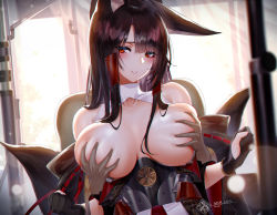 Rule 34 | 1boy, 1girl, absurdres, akagi (azur lane), animal ear fluff, animal ears, artist name, azur lane, backlighting, bare shoulders, black gloves, black hair, blush, grabbing another&#039;s breast, breasts, character name, collarbone, commentary request, copyright name, corset, fox ears, fox girl, fox tail, gloves, grabbing, grabbing from behind, groping, hetero, highres, indoors, large breasts, long hair, looking at viewer, multiple tails, nonaginta novem, parted lips, partially fingerless gloves, red eyes, smile, solo focus, tail, topless, upper body
