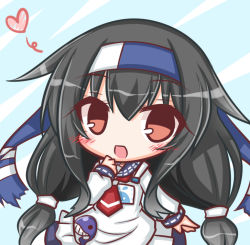 Rule 34 | 1girl, :d, alternate hairstyle, apron, black hair, blue skirt, blush, brown eyes, cosplay, hair between eyes, hair flaps, hand to own mouth, hatsushimo (kancolle), headband, heart, kantai collection, komakoma (magicaltale), long hair, long sleeves, looking at viewer, low-tied long hair, low twintails, neckerchief, necktie, open mouth, red neckerchief, school uniform, serafuku, shirt, skirt, smile, solo, taigei (kancolle), taigei (kancolle) (cosplay), twintails, very long hair, white apron, white shirt