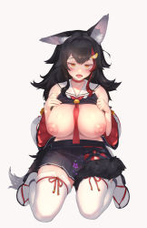 Rule 34 | 1girl, animal ears, bare shoulders, bell, between breasts, black hair, black shirt, black skirt, black sleeves, blush, breasts, breasts out, choker, clothes lift, cropped shirt, detached sleeves, embarrassed, flipped hair, floral print, full body, hair between eyes, hair ornament, hairclip, hand on own chest, highres, hololive, huge breasts, jingle bell, kouhaku nawa, large breasts, long hair, looking at viewer, miniskirt, multicolored hair, necktie, nipples, no bra, ookami mio, ookami mio (1st costume), open mouth, pleated skirt, red choker, red hair, red necktie, rope, sailor collar, sailor shirt, school uniform, seiza, serafuku, shimenawa, shirt, shirt lift, side slit, sidelocks, sitting, skirt, sleeveless, solo, sssangan, streaked hair, tabi, tail, tail around own leg, tail wrap, thick thighs, thighhighs, thighs, unaligned ears, underboob, very long hair, virtual youtuber, white hair, white thighhighs, wolf ears, wolf girl, wolf tail, yellow eyes