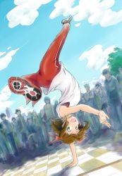 Rule 34 | 1girl, :d, amami haruka, arched back, breakdance, brown hair, checkered floor, cloud, crowd, day, dutch angle, floor, foreshortening, green eyes, handstand, idolmaster, idolmaster (classic), looking at viewer, nguyen van-hai, one arm handstand, open mouth, outdoors, pants, ribbon, shirt, shoe soles, short hair, sky, sleeveless, sleeveless shirt, smile, solo, track pants, upside-down