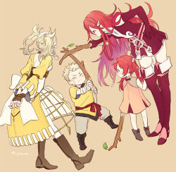 Rule 34 | 1boy, 3girls, blonde hair, cordelia (fire emblem), dress, duel, family, fingerless gloves, fire emblem, fire emblem awakening, gloves, lissa (fire emblem), long hair, mother and daughter, mother and son, multiple girls, nintendo, owain (fire emblem), red eyes, red hair, severa (fire emblem), short hair, simple background, smile, spiked hair, struggling, sweatdrop, thighhighs, branch, twintails, very long hair, winged hair ornament