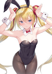 Rule 34 | 1girl, alexmaster, animal ears, armpits, arms up, bare arms, bare shoulders, black leotard, blonde hair, blue eyes, bow, bowtie, breasts, brown pantyhose, cameltoe, closed mouth, covered navel, cowboy shot, detached collar, fake animal ears, frown, groin, hair ribbon, hairband, highleg, highleg leotard, leotard, long hair, looking at viewer, original, pantyhose, playboy bunny, rabbit ears, ribbon, sidelocks, simple background, small breasts, solo, standing, strapless, strapless leotard, thigh gap, twintails, v-shaped eyebrows, very long hair, white background, wrist cuffs