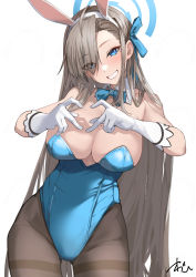 Rule 34 | 1girl, animal ears, asuna (blue archive), asuna (bunny) (blue archive), black pantyhose, blue archive, blue bow, blue bowtie, blue eyes, blue leotard, blush, bow, bowtie, breasts, brown hair, cleavage, commentary, detached collar, elbow gloves, fake animal ears, gloves, grey pantyhose, hair over one eye, hair ribbon, halo, heart, heart hands, highres, large breasts, leotard, long hair, looking at viewer, mole, mole on breast, oregano (olgn eao), pantyhose, playboy bunny, rabbit ears, ribbon, signature, simple background, solo, symbol-only commentary, thighband pantyhose, very long hair, white background, white gloves