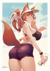 Rule 34 | 1girl, :3, absurdres, animal ear fluff, animal ears, ass, black shorts, border, bottle, braid, brown hair, closed mouth, commentary, cowboy shot, english commentary, fox ears, fox tail, from behind, fubuki (fakemonkey0224), hand up, highres, holding, holding bottle, holding towel, huge filesize, long hair, looking at viewer, orange eyes, orange towel, original, outside border, short shorts, shorts, signature, solo, sports bra, standing, sweat, tail, thick eyebrows, towel, towel around neck, visor cap, watch, wiping sweat, wristwatch