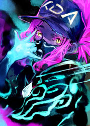 Rule 34 | 1girl, akali, blue hat, commentary request, hand up, hat, highres, hood, hood down, hoodie, k/da (league of legends), k/da akali, league of legends, long hair, looking at viewer, m/, mask, peaked cap, pink hair, solo, toro3, upper body, yellow eyes