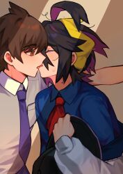 Rule 34 | 2boys, ahoge, black hair, blue necktie, blue shirt, blush, breast pocket, brown eyes, brown hair, closed eyes, collared shirt, colored inner hair, creatures (company), crossed bangs, florian (pokemon), french kiss, game freak, hair between eyes, hairband, hat, highres, holding, holding clothes, holding hat, jacket, kieran (pokemon), kiss, long sleeves, looking at another, male focus, mole, mole on neck, multicolored hair, multiple boys, necktie, nintendo, off-shoulder jacket, off shoulder, open mouth, pocket, pokemon, pokemon sv, purple hair, red necktie, shirt, short hair, sweat, sweater, tongue, tongue out, two-tone hair, upper body, vank le, white shirt, yaoi, yellow eyes, yellow hairband