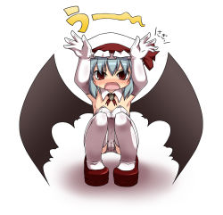 Rule 34 | 1girl, armpits, bat wings, blue hair, blush, cameltoe, charisma guard, elbow gloves, fangs, female focus, gloves, hat, noya makoto, open mouth, rabbit pose, red eyes, remilia scarlet, short hair, solo, squatting, thighhighs, touhou, uu~, wavy mouth, wings