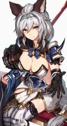 Rule 34 | 10s, 1girl, animal ears, armor, black gloves, boots, braid, breasts, brown eyes, cleavage, erune, gloves, granblue fantasy, hair between eyes, hair tubes, hairband, heles, highres, large breasts, long hair, looking at viewer, outstretched hand, pauldrons, polearm, shoulder armor, silver hair, simple background, single braid, single glove, sitting, smile, solo, thigh boots, thighhighs, very long hair, watao, weapon, white background, white thighhighs