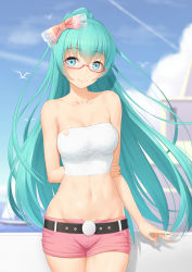 Rule 34 | 1girl, alternate hairstyle, anarchojs, aqua eyes, aqua hair, arm behind back, bare arms, bare shoulders, belt, bespectacled, bird, black belt, breasts, closed mouth, collarbone, cowboy shot, day, glasses, hatsune miku, highres, holding own arm, long hair, looking at viewer, medium breasts, midriff, navel, neck, outdoors, pink shorts, ponytail, short shorts, shorts, sky, smile, solo, standing, strapless, tube top, v, very long hair, vocaloid