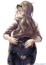 Rule 34 | 1girl, ass, back, bad id, bad pixiv id, blonde hair, blue eyes, blush, closed mouth, commentary request, cowboy shot, denim, jeans, juurouta, kantai collection, long hair, looking at viewer, mole, mole under eye, pants, pocket, richelieu (kancolle), shirt, simple background, solo, sunglasses, sunglasses on head, torn clothes, torn jeans, torn pants, torn sleeves, white background