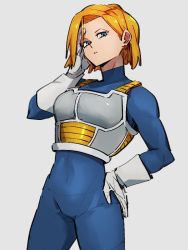 Rule 34 | 1girl, android 18, blonde hair, blue bodysuit, blue eyes, bodysuit, cosplay, dragon ball, dragonball z, earrings, gloves, grey background, hand on own hip, hand up, jewelry, kemachiku, looking at viewer, saiyan armor, short hair, simple background, solo, vegeta, vegeta (cosplay), white gloves