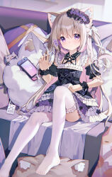 Rule 34 | 1girl, absurdres, animal ear fluff, animal ears, black bow, black dress, bow, cat ears, cat girl, cat tail, commentary request, controller, couch, detached sleeves, dress, hair ornament, highres, light brown hair, nintendo switch, on couch, original, pillow, purple eyes, ratto (ratto channel), remote control, sitting, tail, thighhighs, white thighhighs, wrist cuffs
