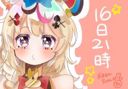 Rule 34 | 1girl, animal ears, bare shoulders, blonde hair, blush, bow, bowtie, commentary request, fox ears, fox girl, hair ornament, hairclip, hat, hololive, jester cap, long hair, looking at viewer, momosuzu nene (artist), omaru polka, omaru polka (1st costume), red background, red bow, red bowtie, sidelocks, simple background, solo, star-shaped pupils, star (symbol), symbol-shaped pupils, translation request, virtual youtuber