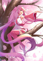 Rule 34 | 1girl, absurdly long hair, alexmaster, armpits, boots, cherry blossoms, detached sleeves, flower, hair flower, hair ornament, hatsune miku, highres, in tree, long hair, necktie, open mouth, outstretched arm, pink eyes, pink footwear, pink hair, pink thighhighs, sakura miku, sitting, sitting in tree, skirt, solo, thigh boots, thighhighs, tree, twintails, very long hair, vocaloid, zettai ryouiki
