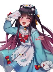 Rule 34 | 1girl, :d, animal ears, animal hands, apron, bell, blue dress, blunt bangs, bow, bowtie, cat ears, commentary, dress, english commentary, gloves, gradient hair, hair ornament, hairclip, hand up, hat, hatsuki himari, highres, indie virtual youtuber, jingle bell, lavelis, long hair, long sleeves, looking at viewer, multicolored hair, open mouth, paw gloves, pink eyes, pink hair, red bow, red bowtie, sailor collar, sailor dress, simple background, smile, solo, two side up, virtual youtuber, white apron, white background, white gloves, white sailor collar