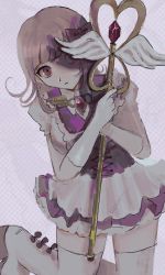 Rule 34 | 1girl, apron, blunt bangs, boots, bow, breasts, closed mouth, commentary request, cosplay, covering one eye, danganronpa (series), danganronpa 2: goodbye despair, dress, gem, gloves, grey apron, highres, holding, holding staff, large breasts, light brown hair, looking at viewer, nanami chiaki, pink dress, pink skirt, sema (vivaviva 02), skirt, solo, staff, star-shaped pupils, star (symbol), symbol-shaped pupils, thigh boots, thighhighs, usami (danganronpa), usami (danganronpa) (cosplay), white gloves, wings, zettai ryouiki