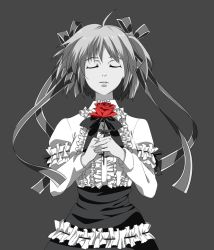 Rule 34 | 1girl, closed eyes, flower, frills, hair ribbon, k3, k3 (dolphin brain), kamikita komari, little busters!, monochrome, ribbon, rose, simple background, solo, spot color, twintails