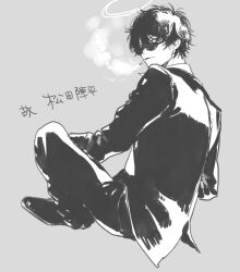 Rule 34 | 1boy, cigarette, formal, full body, grey background, greyscale, halo, jacket, long sleeves, looking at viewer, looking back, male focus, matsuda jinpei, meitantei conan, messy hair, monochrome, mouth hold, moyuhisa, pants, shoes, short hair, simple background, sitting, smoke, smoking, solo, suit, sunglasses, translation request
