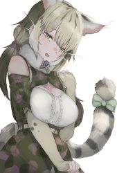 Rule 34 | 1girl, absurdres, animal costume, animal ear fluff, animal ears, aranagi (arng 4401), bare shoulders, belt, breasts, cat ears, cat girl, cat tail, elbow gloves, extra ears, fingerless gloves, gloves, grey eyes, grey hair, highres, jungle cat (kemono friends), kemono friends, kemono friends v project, large breasts, long hair, looking at viewer, microphone, multicolored hair, open mouth, ribbon, scarf, shirt, simple background, skirt, smile, solo, suspenders, tail, twintails, virtual youtuber