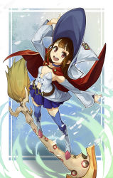 Rule 34 | 1girl, arm up, bare shoulders, blue skirt, boots, breasts, broom, broom riding, broom surfing, brown eyes, brown hair, cape, cleavage, cloud, commentary request, cosplay, detached sleeves, full body, goomrrat, hat, kagari atsuko, little witch academia, long hair, long sleeves, looking at viewer, navel, open clothes, open mouth, pleated skirt, red cape, red eyes, shiny chariot, shiny chariot (cosplay), shiny clothes, shiny rod (little witch academia), skirt, small breasts, smile, solo, standing, star-shaped pupils, star (symbol), symbol-shaped pupils, thighhighs, wand, white hat, wide sleeves, witch, witch hat