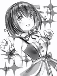 1girl, :d, azki (hololive), bare arms, bare shoulders, blush stickers, breasts, cleavage, cowboy shot, detached collar, dress, greyscale, hair ornament, hands up, highres, hololive, idol clothes, looking at viewer, medium breasts, medium hair, monochrome, nanashi (nlo), neck ribbon, official alternate costume, open mouth, ribbon, simple background, sleeveless, sleeveless dress, smile, solo, spaghetti strap, sparkle, upper body, white background, wrist cuffs, wristband