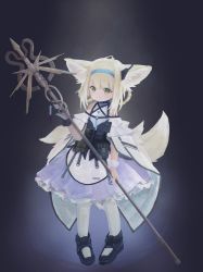 Rule 34 | 1girl, absurdres, animal ears, arknights, bare shoulders, black background, black collar, black footwear, black gloves, blonde hair, blue hairband, child, collar, dress, earpiece, eyebrows hidden by hair, fox ears, fox girl, fox tail, full body, gloves, green eyes, hairband, highres, holding, holding staff, infection monitor (arknights), kitsune, long hair, mani tamlyn, material growth, multiple tails, oripathy lesion (arknights), pantyhose, shoes, single glove, smile, solo, staff, standing, suzuran (arknights), tactical clothes, tail, two-tone gloves, vest, white dress, white gloves, white pantyhose