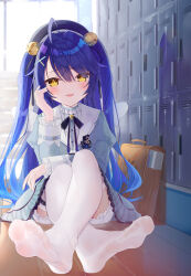 Rule 34 | 1girl, ahoge, amamiya kokoro, amamiya kokoro (1st costume), bell, blue bow, blue bowtie, blue dress, blue hair, blue headwear, blurry, blurry background, blush, bow, bowtie, choker, collared dress, crossed ankles, dorsiflexion, dress, eyelashes, fang, feet, foot focus, foreshortening, frilled choker, frilled dress, frills, full body, getabako, hair bell, hair intakes, hair ornament, hair over one eye, highres, indoors, juliet sleeves, knees up, kou futoshi, legs, long hair, long sleeves, looking at viewer, nijisanji, no shoes, on ground, paid reward available, parted bangs, puffy sleeves, school uniform, sidelocks, sitting, skin fang, soles, solo, thigh strap, thighhighs, toes, very long hair, virtual youtuber, white thighhighs, wings, wooden floor, x hair ornament, yellow eyes