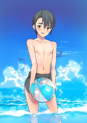 Rule 34 | 1boy, ball, beachball, black eyes, black hair, blue sky, blush, cloud, coin rand, day, earrings, jewelry, looking at viewer, male focus, navel, nipples, open mouth, original, outdoors, topless male, short hair, shorts, single earring, sky, solo, transparent