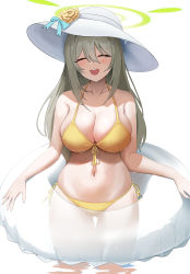 Rule 34 | 1girl, absurdres, aqua bow, bare arms, bare shoulders, bikini, blonde hair, blue archive, blush, bow, breasts, cleavage, closed eyes, flower, front-tie top, gluteal fold, hair between eyes, halo, halterneck, hand rest, hat, hat bow, hat flower, highres, innertube, large breasts, long hair, navel, nonomi (blue archive), nonomi (swimsuit) (blue archive), open mouth, side-tie bikini bottom, simple background, smile, solo, stomach, swim ring, swimsuit, thigh gap, thighs, wading, wet, white background, white hat, yellow bikini, yellow flower, yuchae