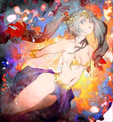 Rule 34 | 1girl, abstract background, armlet, ass, bare arms, bare legs, bikini, black ribbon, blue eyes, breasts, collar, earrings, floating, gold, gold bikini, grey hair, headpiece, highres, jewelry, long hair, looking at viewer, medium breasts, multicolored background, multicolored hair, navel, neck ribbon, open mouth, original, outstretched arms, pelvic curtain, purple skirt, red hair, ribbon, sideboob, sideless outfit, skirt, solo, staring, streaked hair, swimsuit, thighs, toi8, twintails, two-tone hair, underboob, white collar