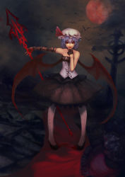 Rule 34 | 1girl, :p, alternate costume, bare shoulders, bat (animal), blue hair, charimei, cross, dress, female focus, fingerless gloves, full moon, gloves, hat, hat ribbon, moon, night, polearm, red eyes, red moon, remilia scarlet, ribbon, short hair, solo, spear, spear the gungnir, standing, tongue, tongue out, touhou, vampire, weapon
