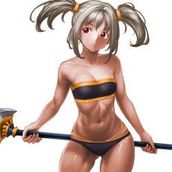 Rule 34 | 1girl, bare arms, bare shoulders, bikini, black bikini, breasts, cleavage, closed mouth, collarbone, cowboy shot, gluteal fold, grey hair, highres, holding, holding staff, legs apart, midriff, minamoto80486, navel, red eyes, ringed eyes, short hair, small breasts, solo, staff, strapless, strapless bikini, swimsuit, twintails, wizardry