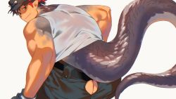 Rule 34 | 1boy, ass, ass cutout, bara, bare shoulders, black hair, butt crack, clothing cutout, denim, gloves, hat, highres, jeans, looking at viewer, looking back, male focus, multicolored hair, muscular, original, pants, red hair, sagami jon, scales, short hair, smile, snake boy, snake tail, solo, tail, tank top, two-tone hair, white tank top